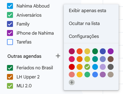 Menu de configurações do calendário "MLI 2.0"