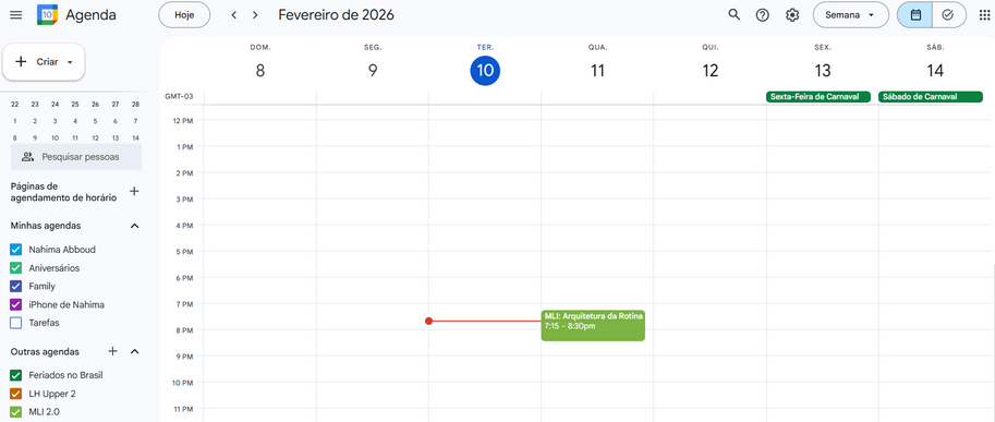Agenda do Google com o calendário "MLI 2.0" já adicionado