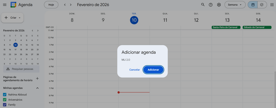 Janela do Google Agenda com o botão "Adicionar" destacado